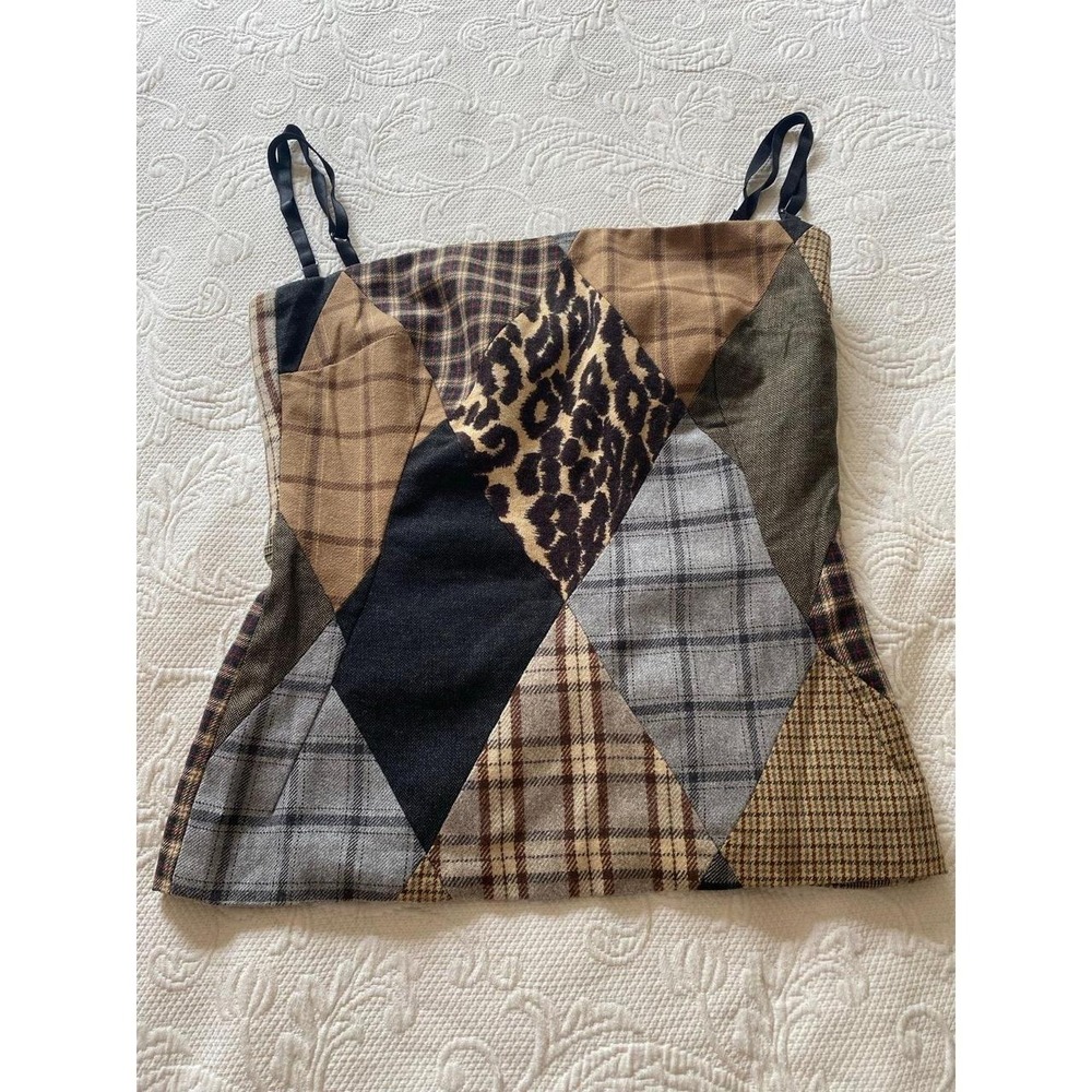 Patchwork Plaid Leopard Print Spaghetti Strap Tank Top Side Zip Vintage Small